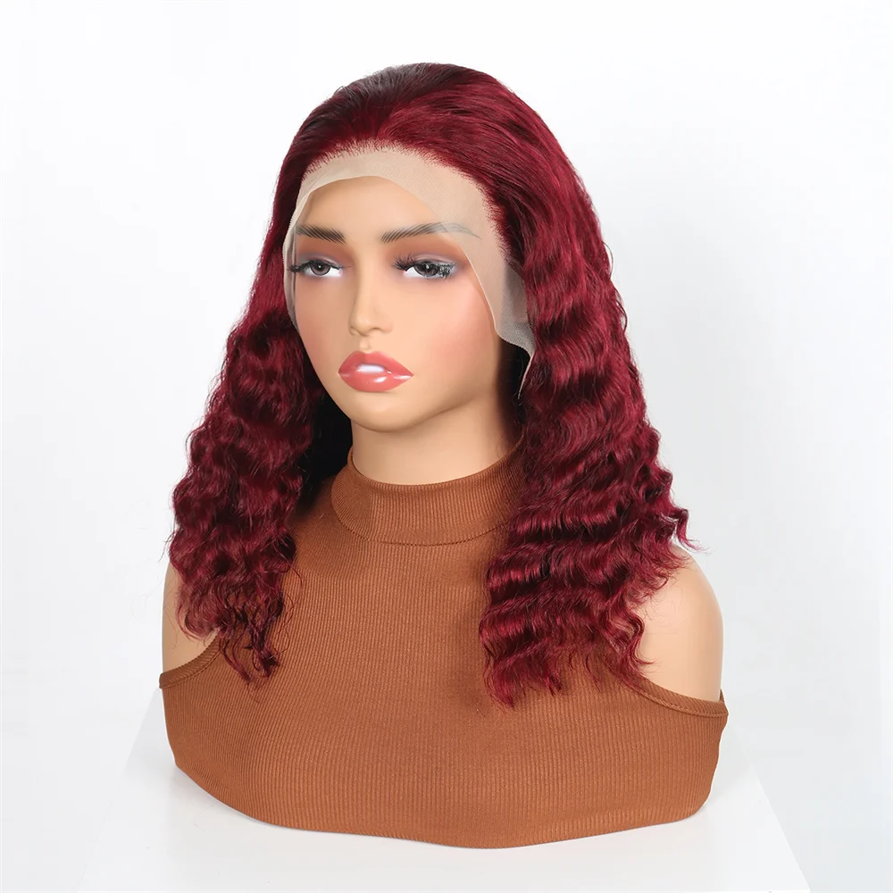 99J أحمر اللون موجة عميقة شعر مستعار شعر الإنسان 13x4 بورجوندي أسود قصير بوب الدانتيل الجبهة خصلات الشعر المستعار الإنسان للنساء قصيرة عميق مجعد