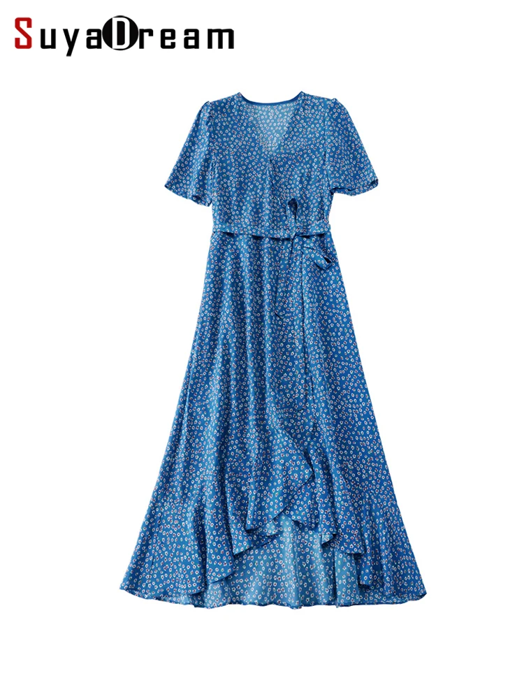 SuyaDream Woman kwiecista długa sukienka 100% prawdziwy jedwab V Neck A-Line Sashes Beach Style niebieskie sukienki Maxi 2022 letnie ubrania wakacyjne