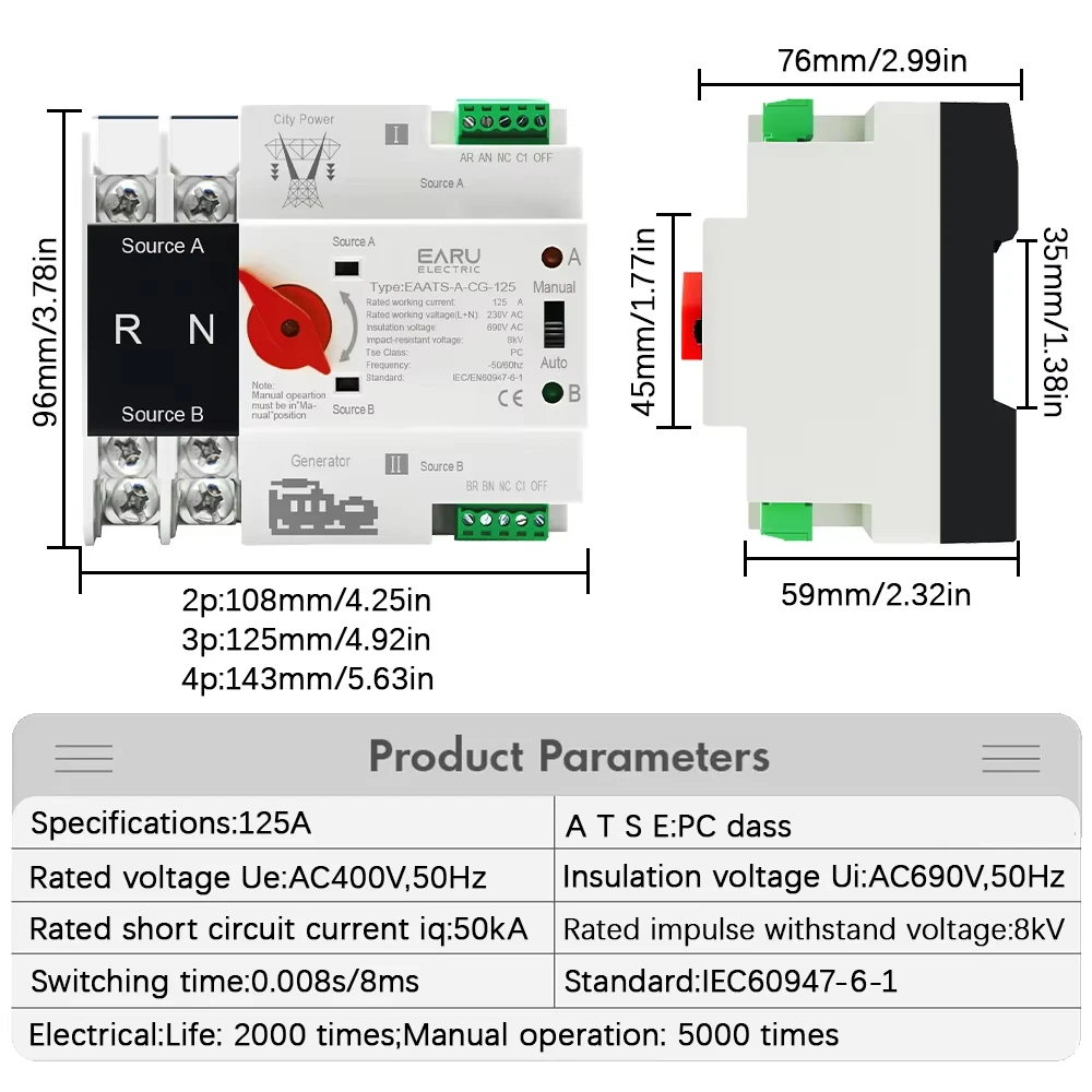 Mini ATS Auto Transfer Switch 2P3P4P 100A Dual Voltage 110V/220V PV Solar Compatible Din Rail Mounted Dual Power Selector Switch