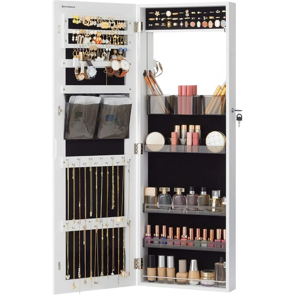 Jewelry Cabinet Armoire with Mirror, Wall or Door Mount Storage Organizer with Full-Length Frameless Mirror, Lockable Cabinet