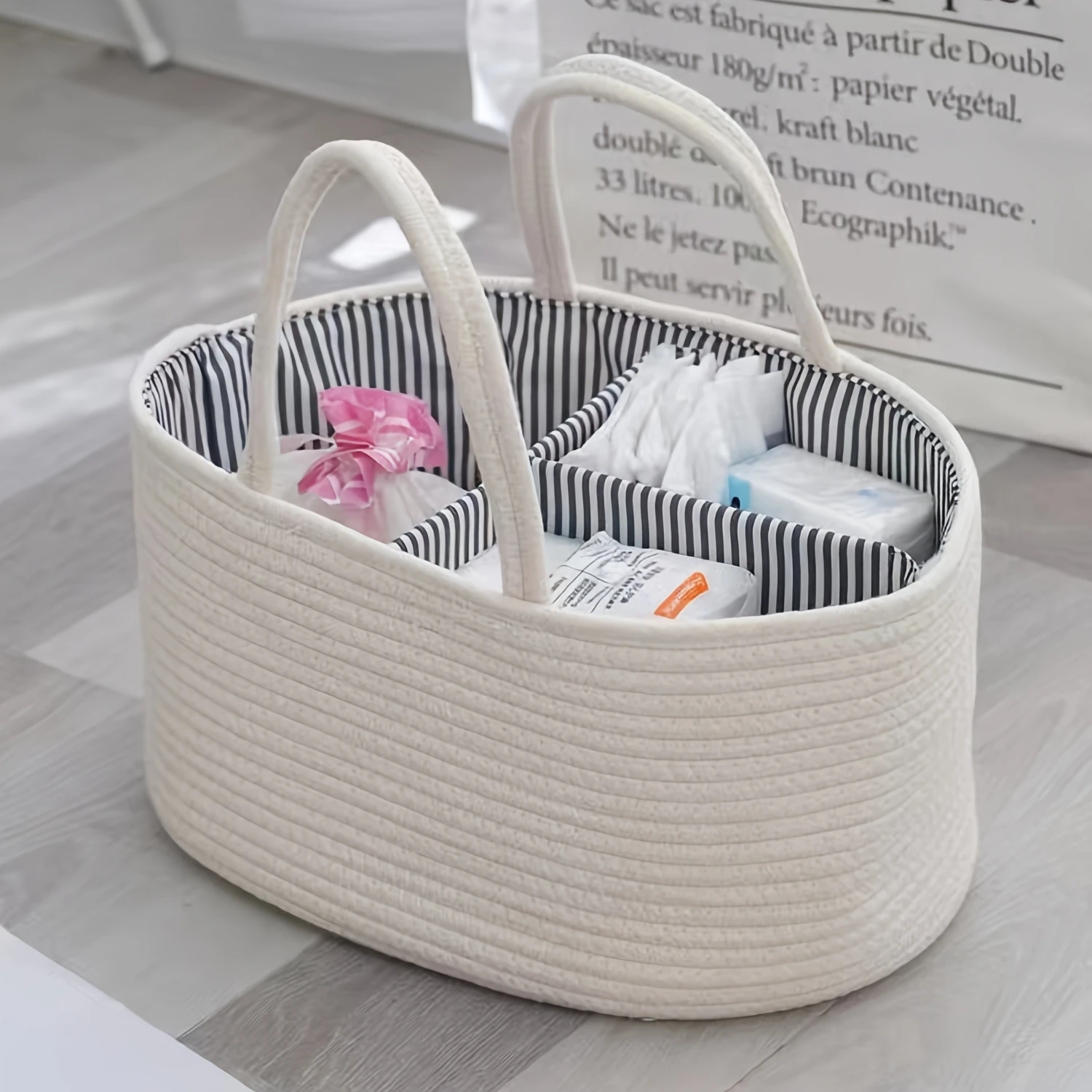 

1pc Cotton Rope Diaper Caddy Organizer - Spacious, Portable, and Multifunctional with Convenient Handles and Stylish Fabric for