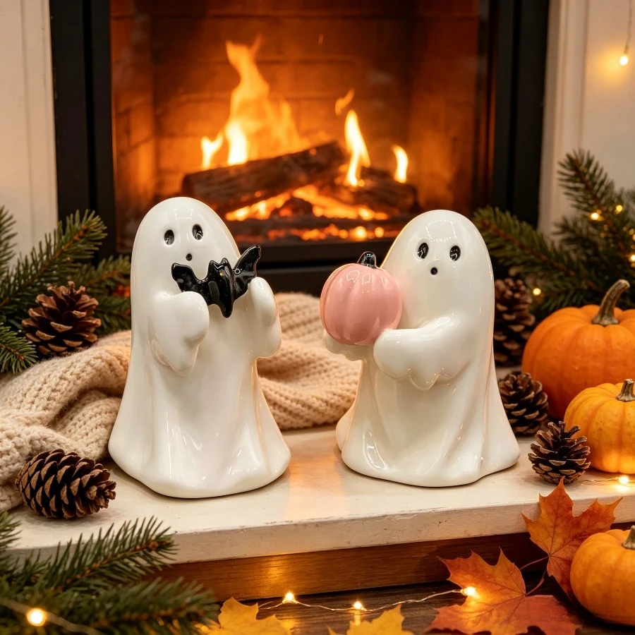 Cute Ghost Hug Pink Pumpkin Bat Resin Statue Creative Halloween Home Desk Decor Spooky Gift Collection Ornament Set