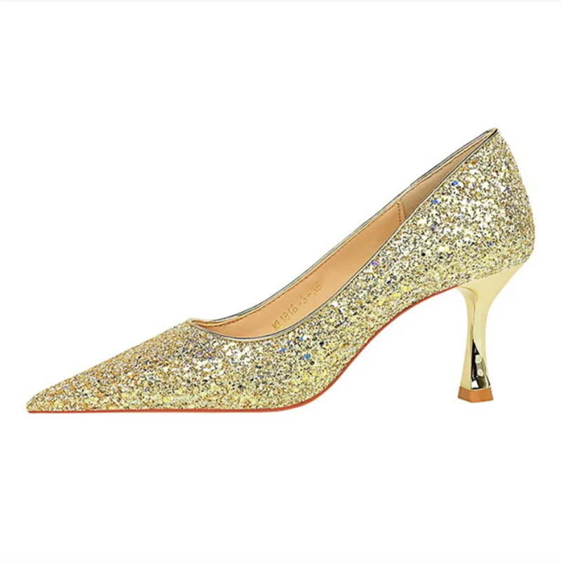 

Cinderella Bling Fashionable Pumps Sequined Cloth Pointed Toe Kitten Heels 7cm Gold Silver Slip-On Dazzling Chaussure 34-40 25cm