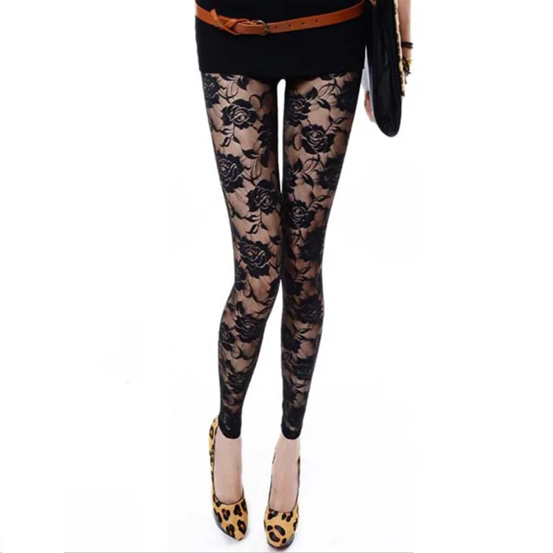 New Retro Sexy Net yarn Lady Rose Lace Elegant Through Leggings Pants Footless Black White Women Summer Skinny Nine Pants