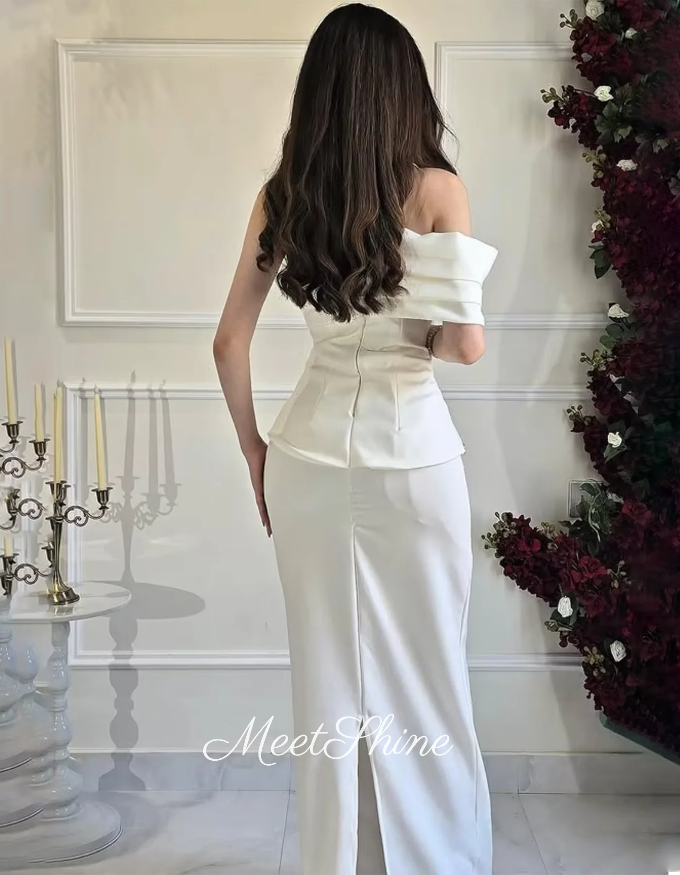 Gaun Malam Manik-manik Tanpa Tali Putih Gaun Prom Kristal Formal Satin Gaun Pesta Pernikahan Satu Bahu Kerut 2025 Disesuaikan