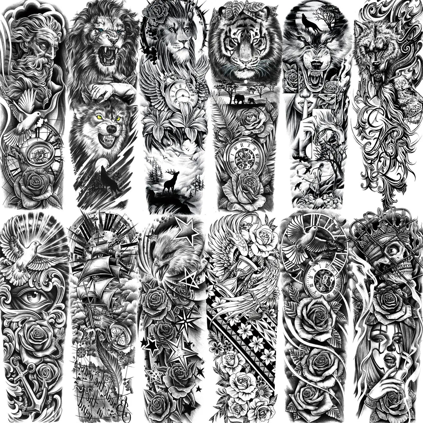 

Wolf Lion Tiger Maori Temporary Tattoos For Men Women Adults,Full Sleeve Arm Flower Rose Skull Tattoo Stickers,fake tattoo