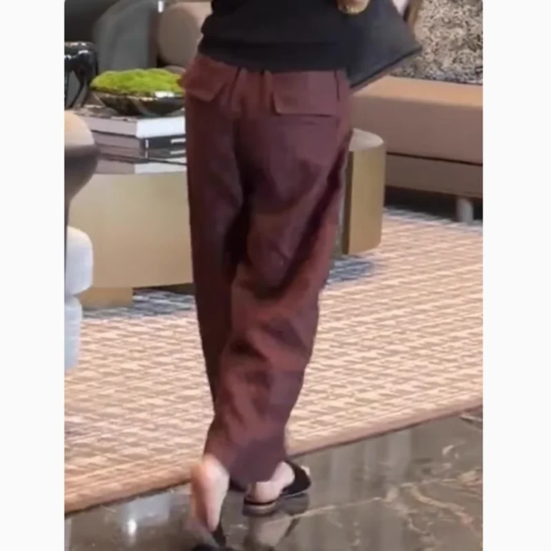 Pantalones de pierna ancha de lino y algodón para mujer, pantalón informal, holgado, adelgazante, de nueve puntos, color rojo y marrón, a la moda