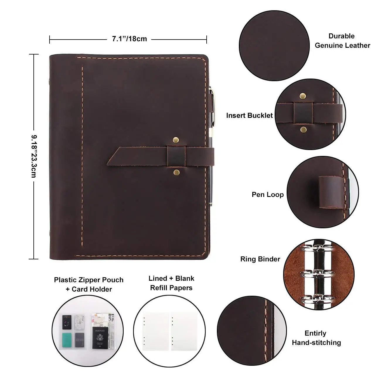 A5 Genuine Leather Zipper Binder with 6 Ring Metal Clip, Hand Stitched Cowhide Journal with Card Slots Pen Loop and Lined