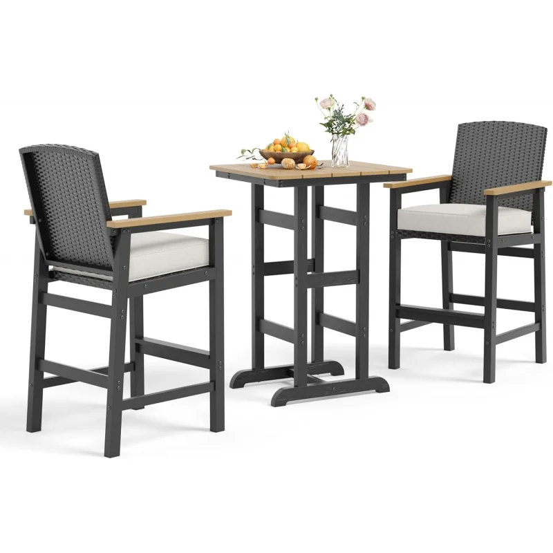 

2026 New：Outdoor Bar Set 3 Piece, All Weather HDPE High Top Table and Wicker Bar Chairs with 3.2” Cushion, Bar H