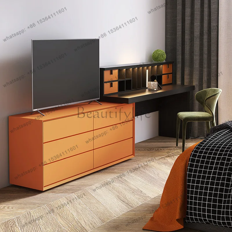 

Italian minimalist bedroom dresser storage chest of drawers integrated solid wood modern light luxury leather telescopic