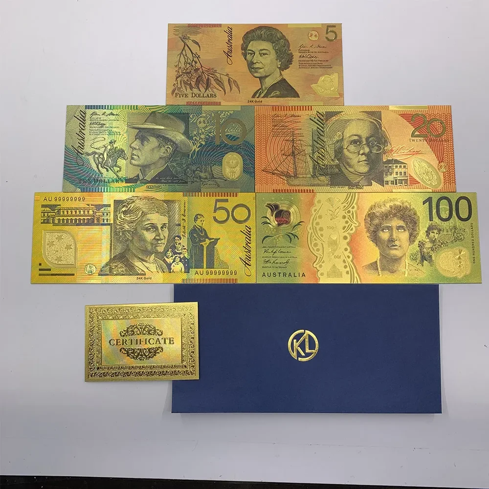 5 pcs Australia 5 10 20 50 100 AUD Dollar Gold Foil Banknote For Collection