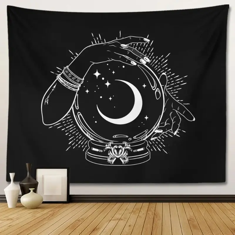VIKAMA Witchcraft Palm Moon Flower Star Tapestry Celestial Black White Wall Hanging Bedroom Dorm Decor