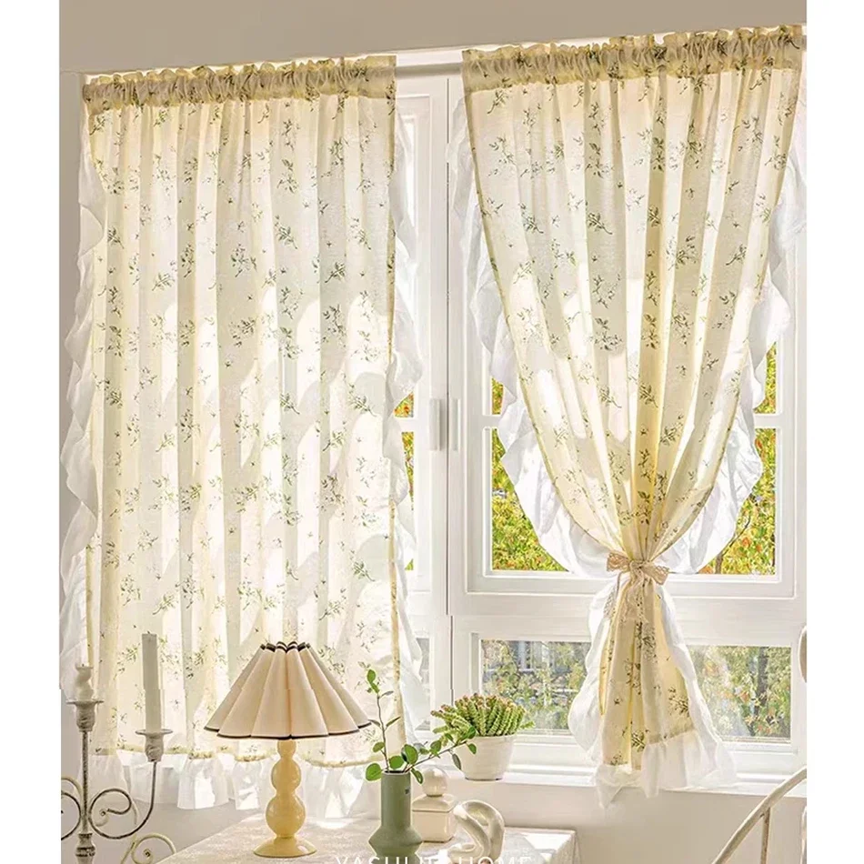 

Daisy Ruffle Tube Curtains Road Pocket Shade Curtain Floral for Kitchen Girl Bedroom Living Room Window Cabinet Flounced Curtain