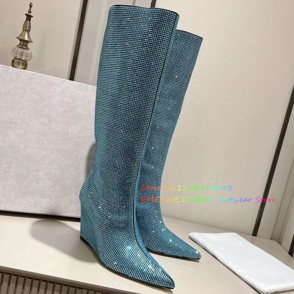 2023 Autumn/Winter Show Pointed Wedge Heel Super High Heel Rhinestone Large Knee Length Boots Full Diamond Sexy Knee High Boots