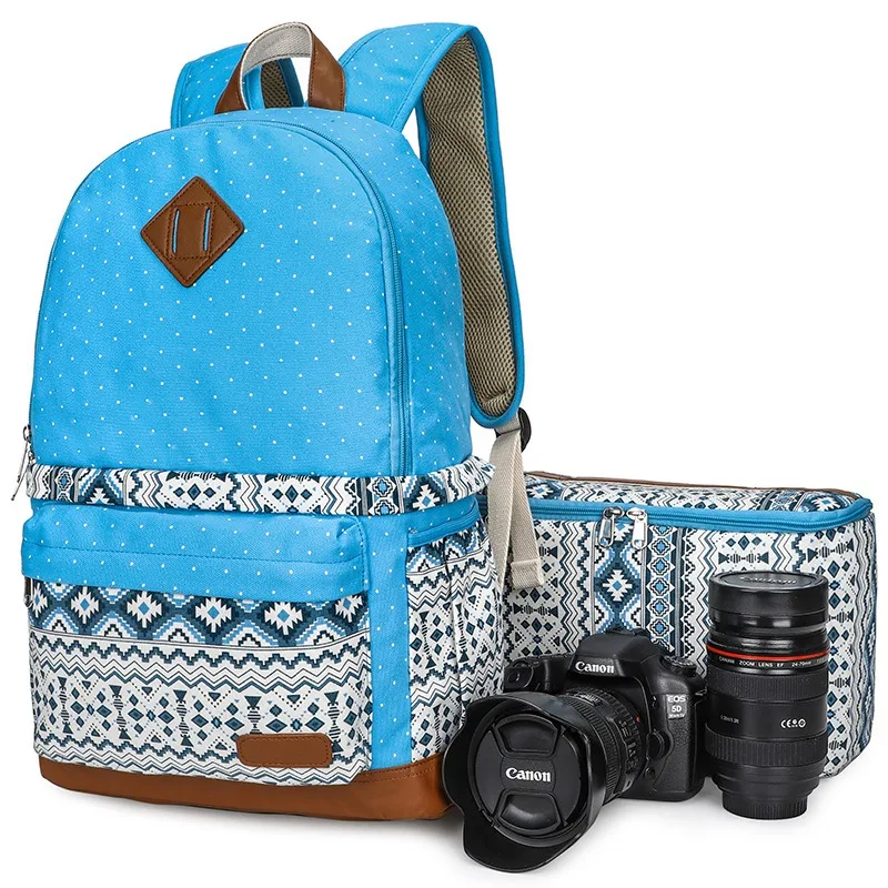 Canvas waterproof camera bag backpack for middle school students, casual and durable printed design photography bag