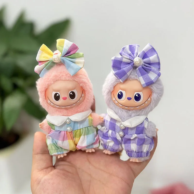 Clothes For LABUBU 4.0 Gen 10cm Mini Pin For Love Series Doll Outfit Pearlescent Checkered Onesie With Pearl Bow Hair Accessory
