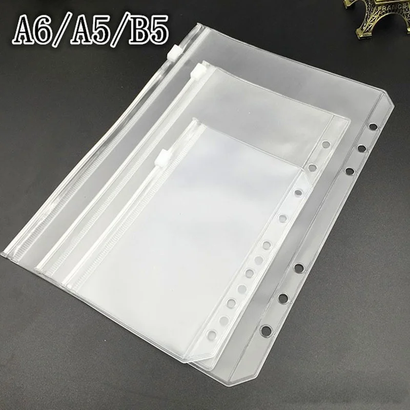 A5 A6 B5 Transparent Zipper File Folders with Inserts Document Bags Stationery Paper Storage Bags Binding in Loose Ring Notebook