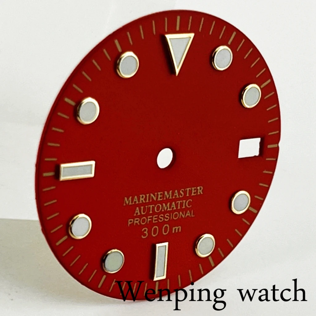 NH35 Dial 29mm Red Sterile Gold Edge Watch Dial With Green Luminous Fit NH35 Automatic Movement Watch Accessories