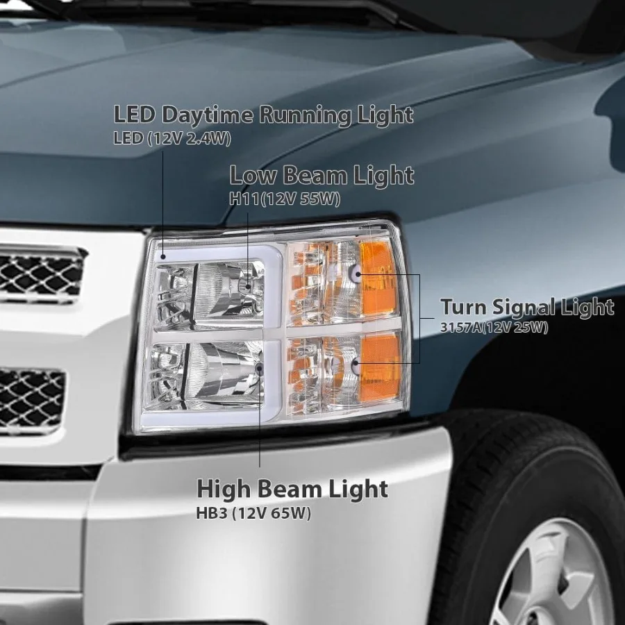 مجموعة مصابيح أمامية أنبوبية DRL LED للمصابيح الأمامية مع لمبة O متوافقة مع تشيفي سيلفرادو 1500 2007-2013 سيلفرادو 2500 HD 3500 H