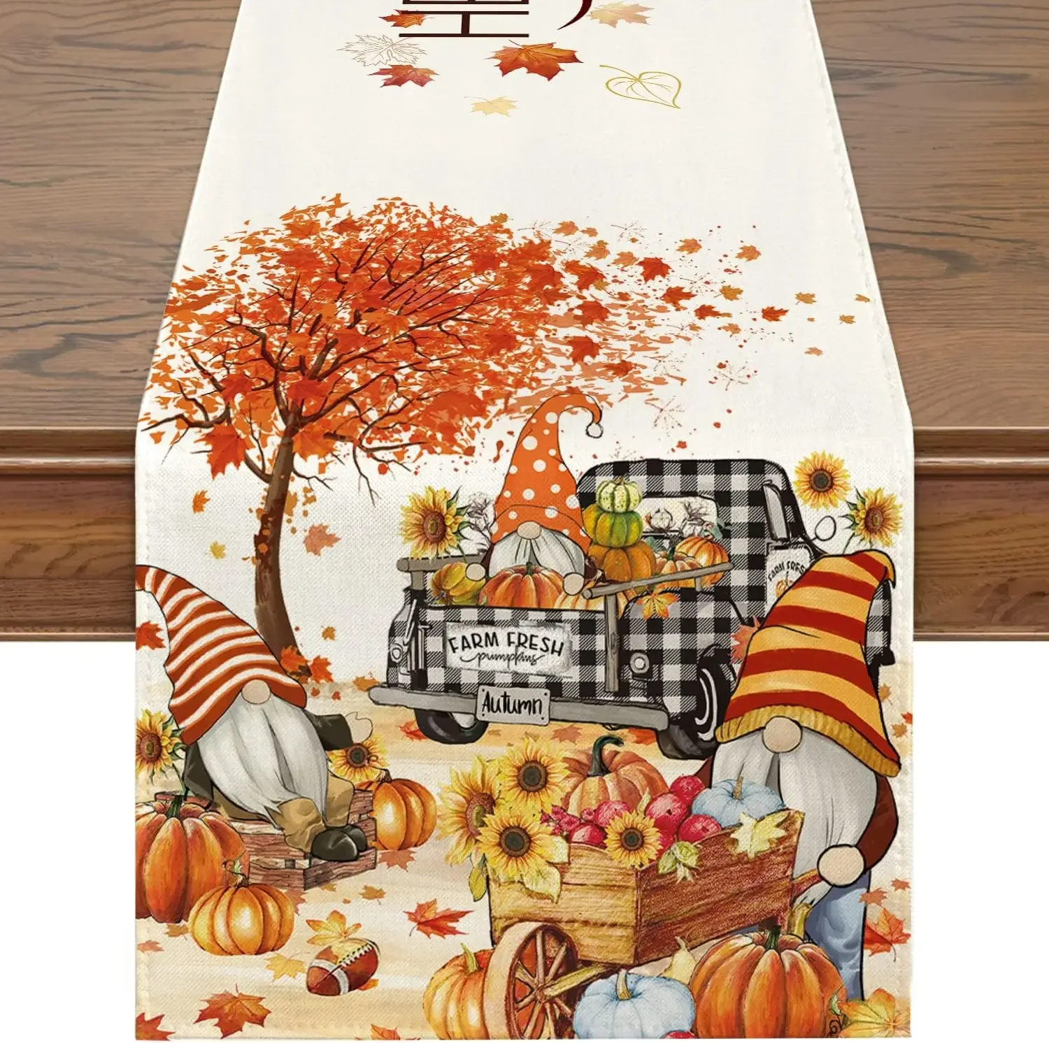 Fall Thanksgiving Truck Gnome Leaves Linen Table Runners Kitchen Table Decor Farmhouse Dining Table Runners Holiday Decorations