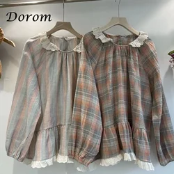 Japanese Mori Girl Plaid Shirt For Women Spring Ruffled Puff Sleeve Kawaii Lolita Tops Female Casual Loose Cotton Linen Blouses