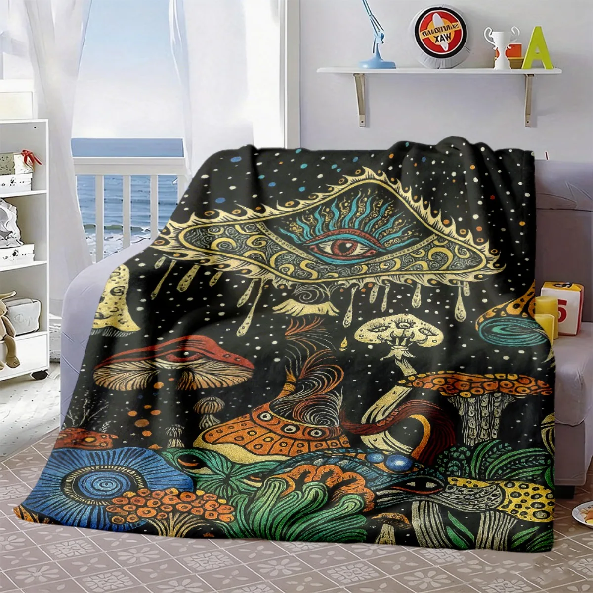 Psychedelic Mystic Eye Mushroom Flannel Throw Blanket Trippy Cosmic Art Print Soft Warm Blanket for Sofa Bedroom Decor