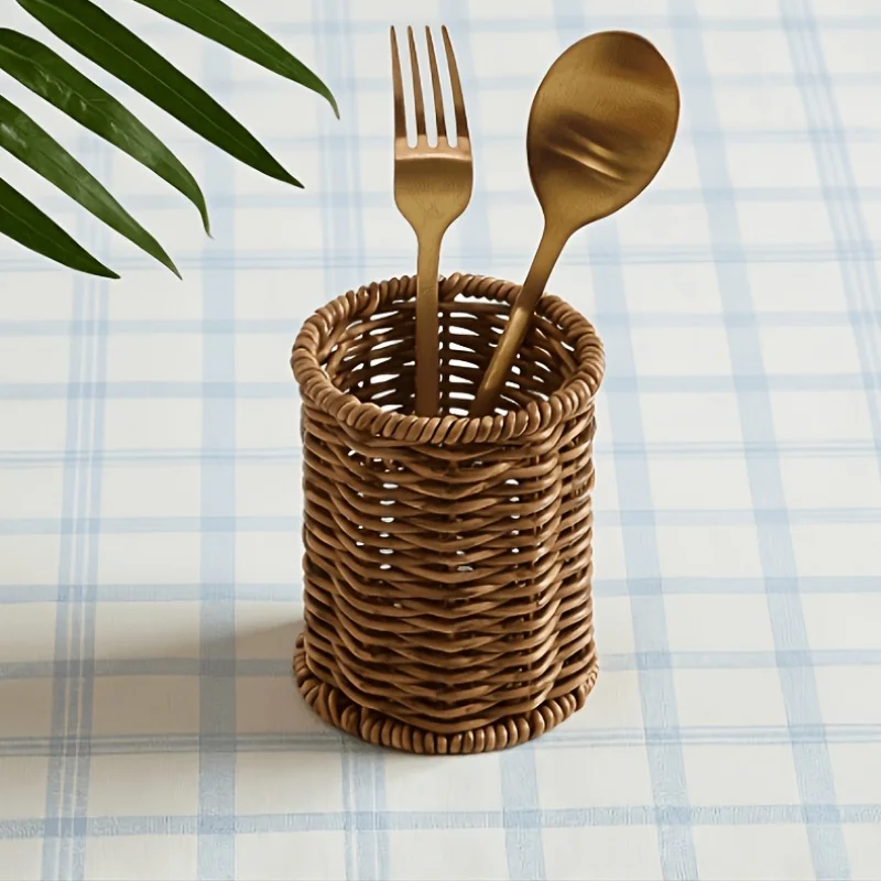 Vintage Rattan Chopstick Holder, Kitchen Utensil Storage Basket, Tabletop Cutlery Caddy for Dining Hanging Baskets