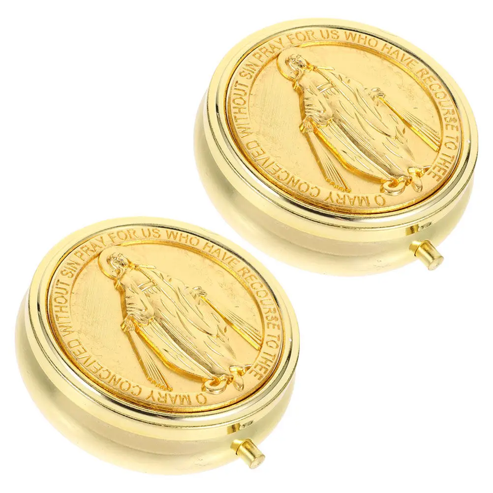 2 unidades de caja redonda para guardar recuerdos de la Primera Comunión, estuche metálico para guardar rosarios, pequeño organizador de joyas de estilo retro para collares y pulseras.