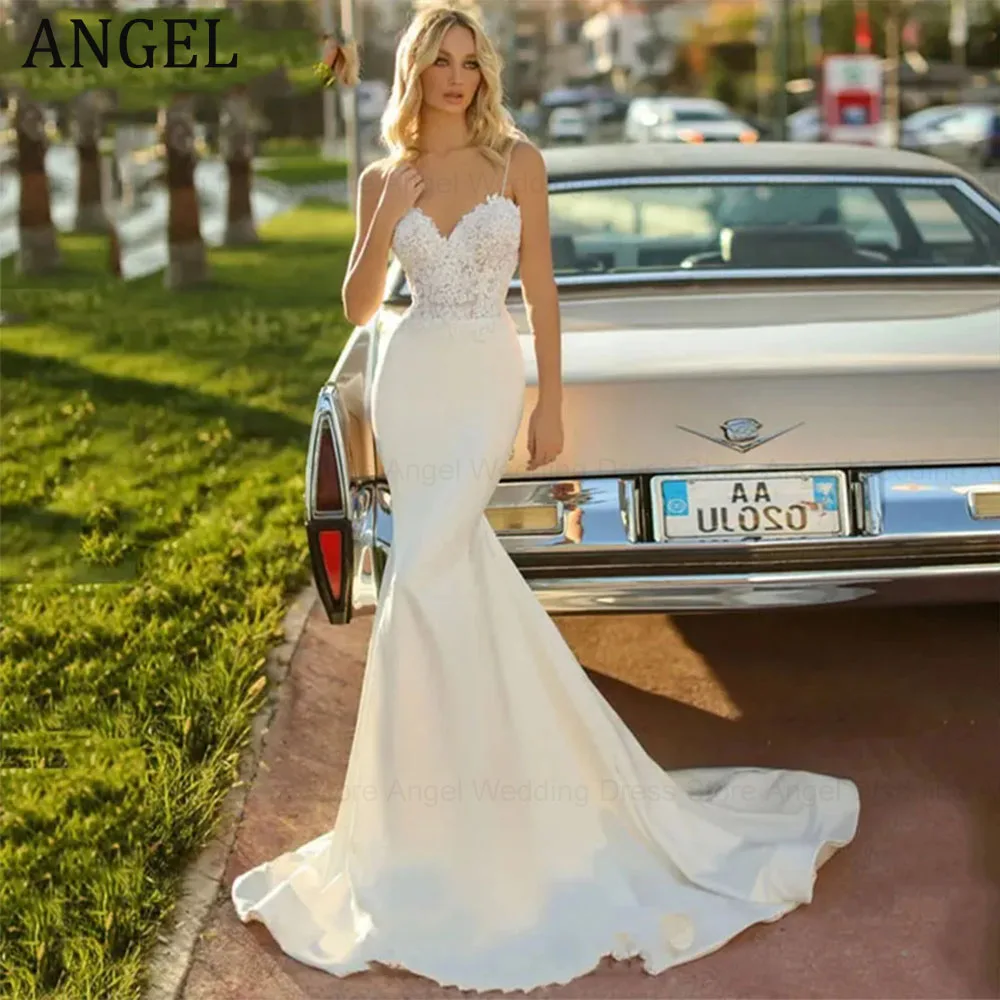 

ANGEL Spaghetti Straps Mermaid Bridal Gown Sweetheart Appliques Sexy Boho Satin Wedding Dress Robe de Mariée Customize 2024