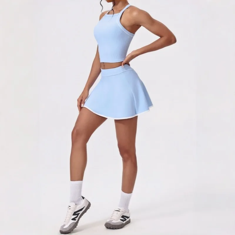 

Женский комплект для йоги из 2 предметов, спортивный костюм для бега в тренажерном зале, спортивный жилет, костюм для фитнеса с короткой юбкой, красивая спина, облегающий комплект из 2 предметов