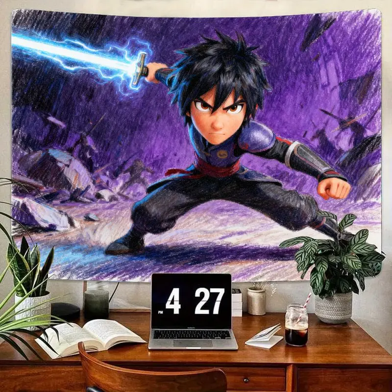 

1 шт., динамический гобелен с изображением воина аниме, настенное искусство Hero с электрическим мечом, научно-фантастический фиолетовый боевой декор, полиэстер для игровой комнаты, спальни