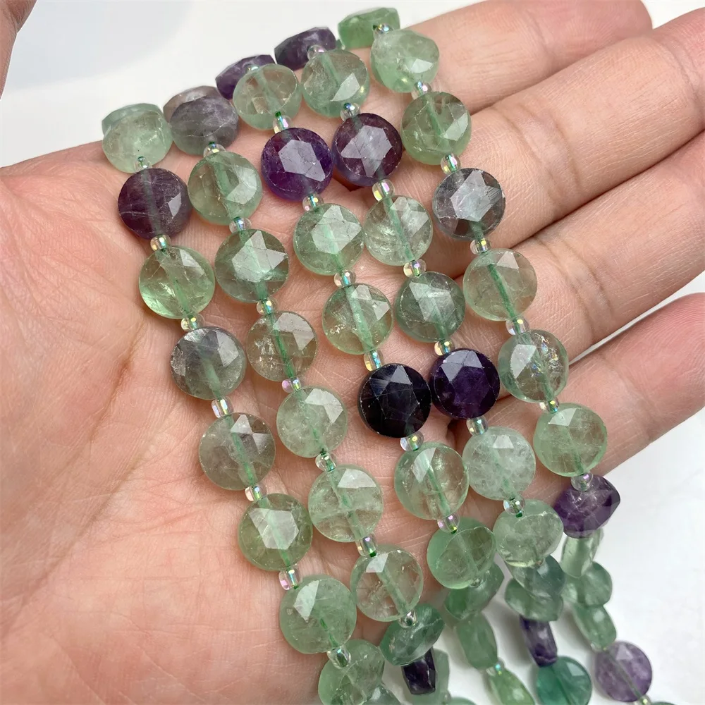 Natural Fluorite Stone Bead 10MM Faceted Flat Round Quartz Loose Spacer Beads For Jewerly Making DIY Bracelet Necklace Supply