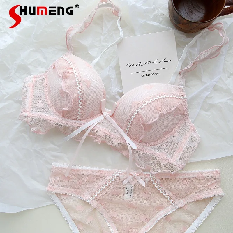 

Japanese Style Girls Underwear Gentle Sweet Bow Lace Pure Desire Brief Sets Women's Small Chest Push Up Wireless Bra Suit