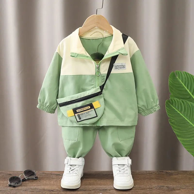 Spring Autumn Kids Boys Clothes Patchwork Hoodies Pants 2Pcs/sets Outfit Infant Kids Sport Casual Clothing Tracksuits With Bag