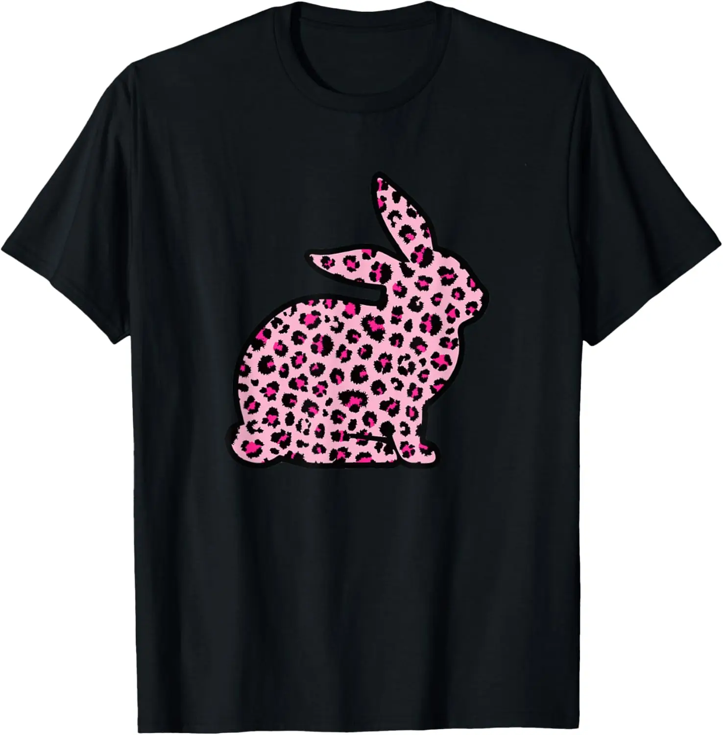 

Pink Leopard Print Bunny Rabbit Graphic T-Shirt Soft Cotton Crew Neck Casual Tee