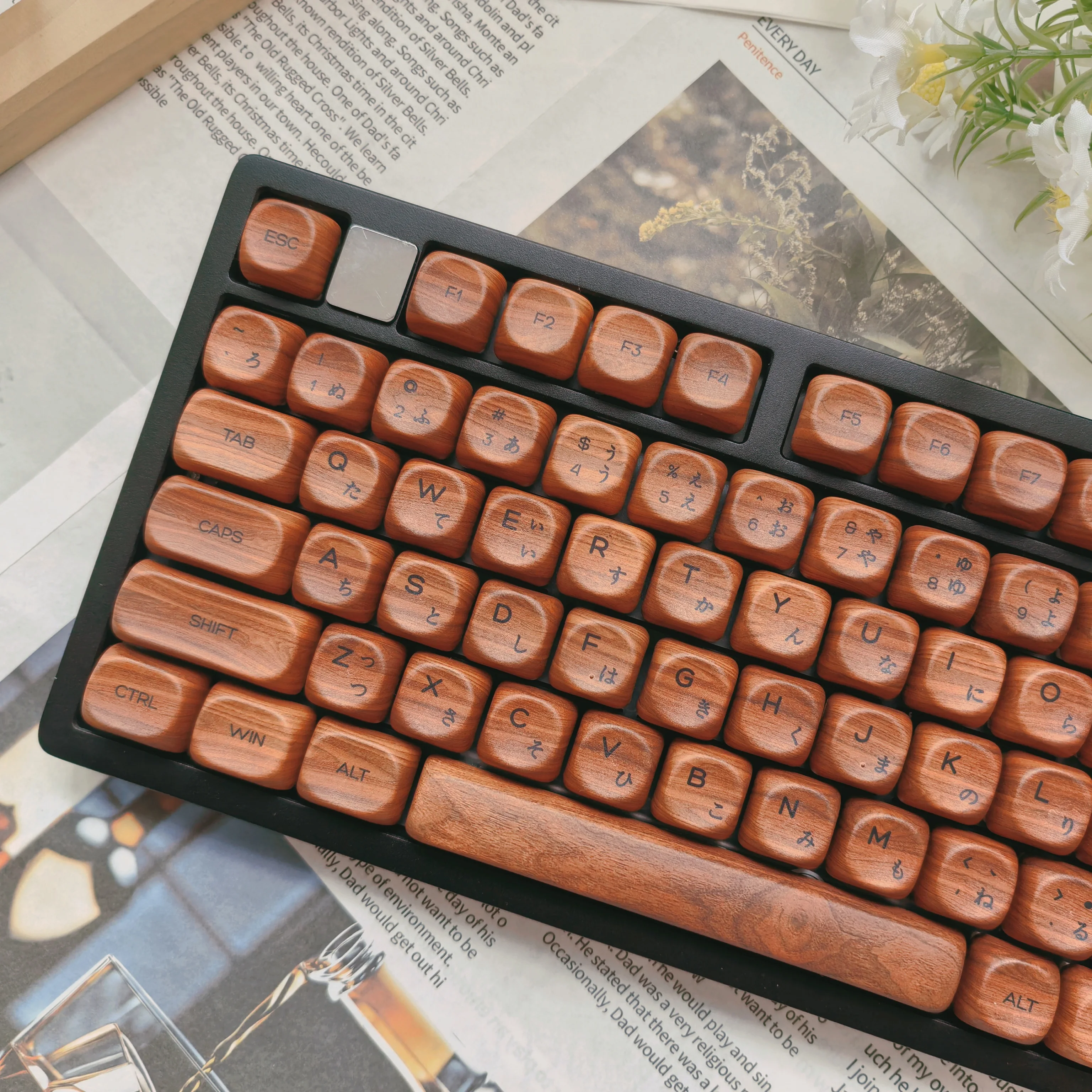 130 Keys Walnut Wood Five Sides Dye-Sublimation PBT Keycap Custom MOA Profile Retro Keycaps for MX Switches Mechanical Keyboard
