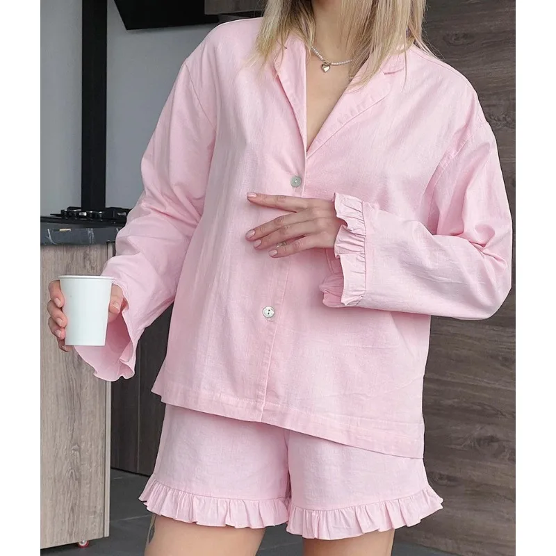 

Breathable pure cotton pajamas, women's loungewear, long-sleeved shorts, two-piece set