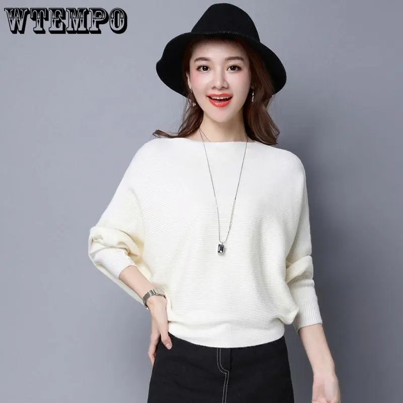 WTEMPO Winter Women Sweater Batwing Sleeve Jersey mujer Oversized Jumper Slash Neck Women\'s Knitted Sweaters Coat