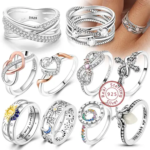 Bagues originales en argent Sterling 925, avec nœud, cœur, soleil, lune, étoile, Zircon, bijoux pour femmes, cadeaux d'anniversaire