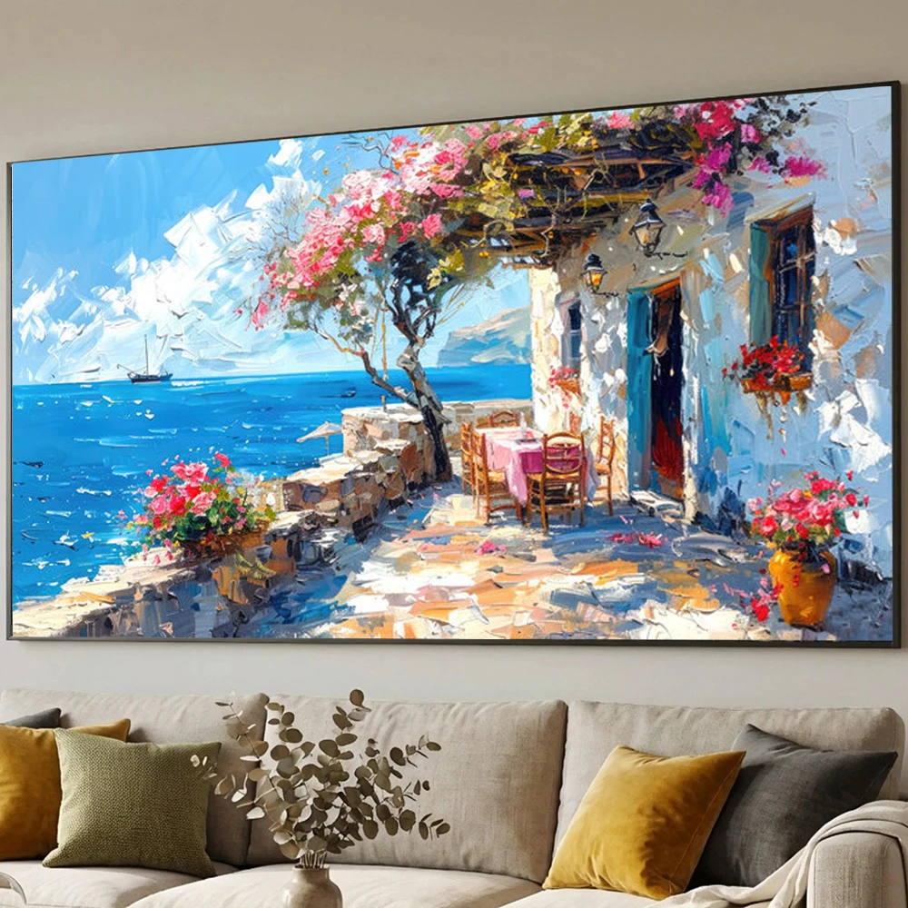 Small restaurant on the Mediterranean Sea, summer seascape posters, modern home living room, bedroom decor, no frame