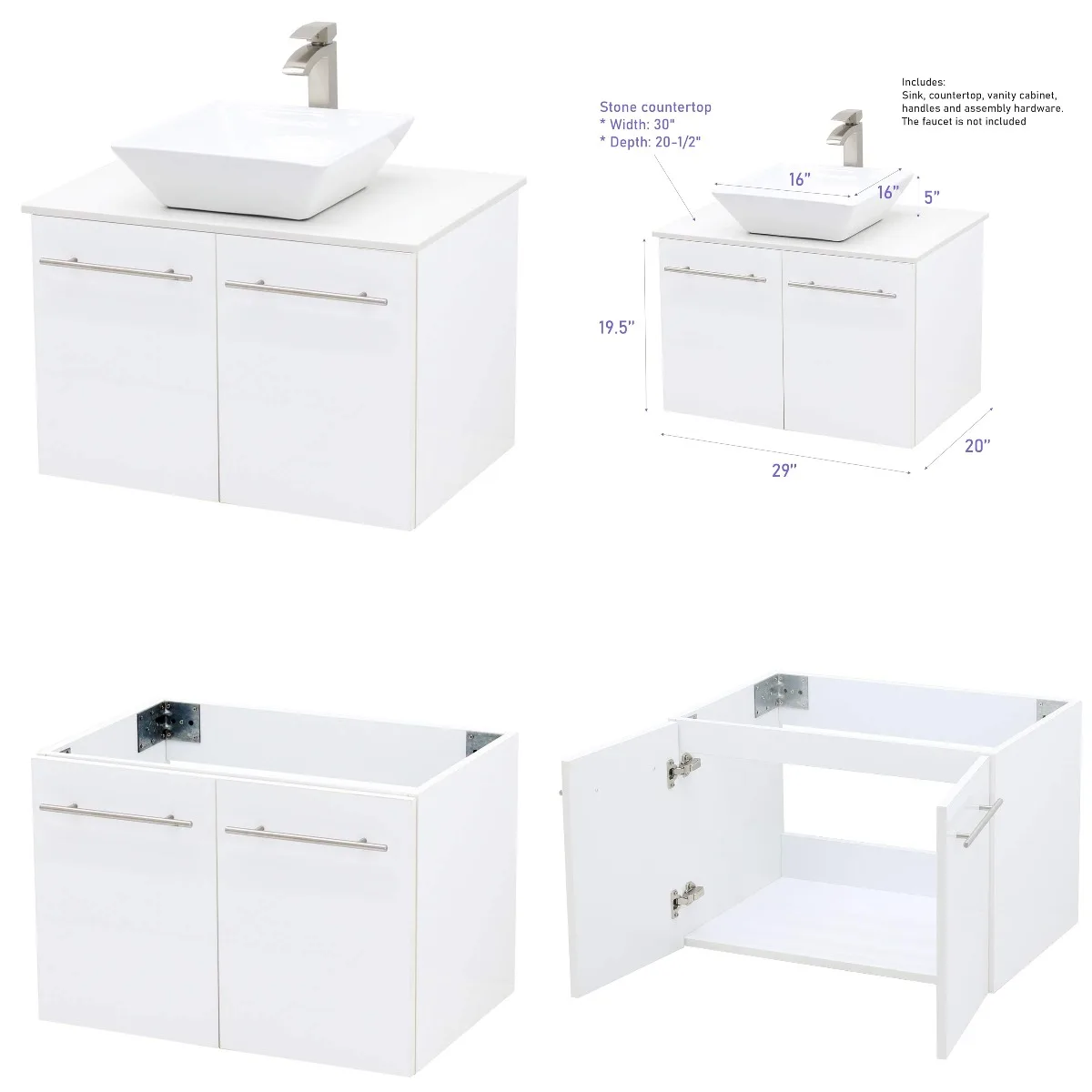 

White Embossed Texture Wall Mount Floating Bathroom Vanity with Flat Stone Countertop Ceramic Sink 30 Customized