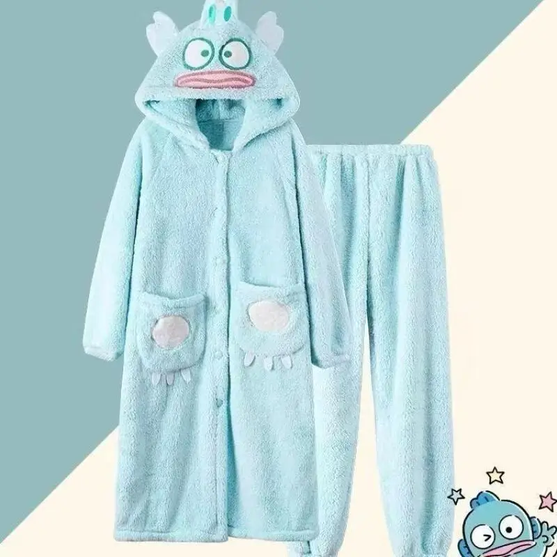 

Kawaii 2 шт. плюшевые пижамы ночной халат костюм Hangyodon Sanrio аниме Kuromi домашняя одежда зимняя длинная стильная утолщенная ночная рубашка брюки