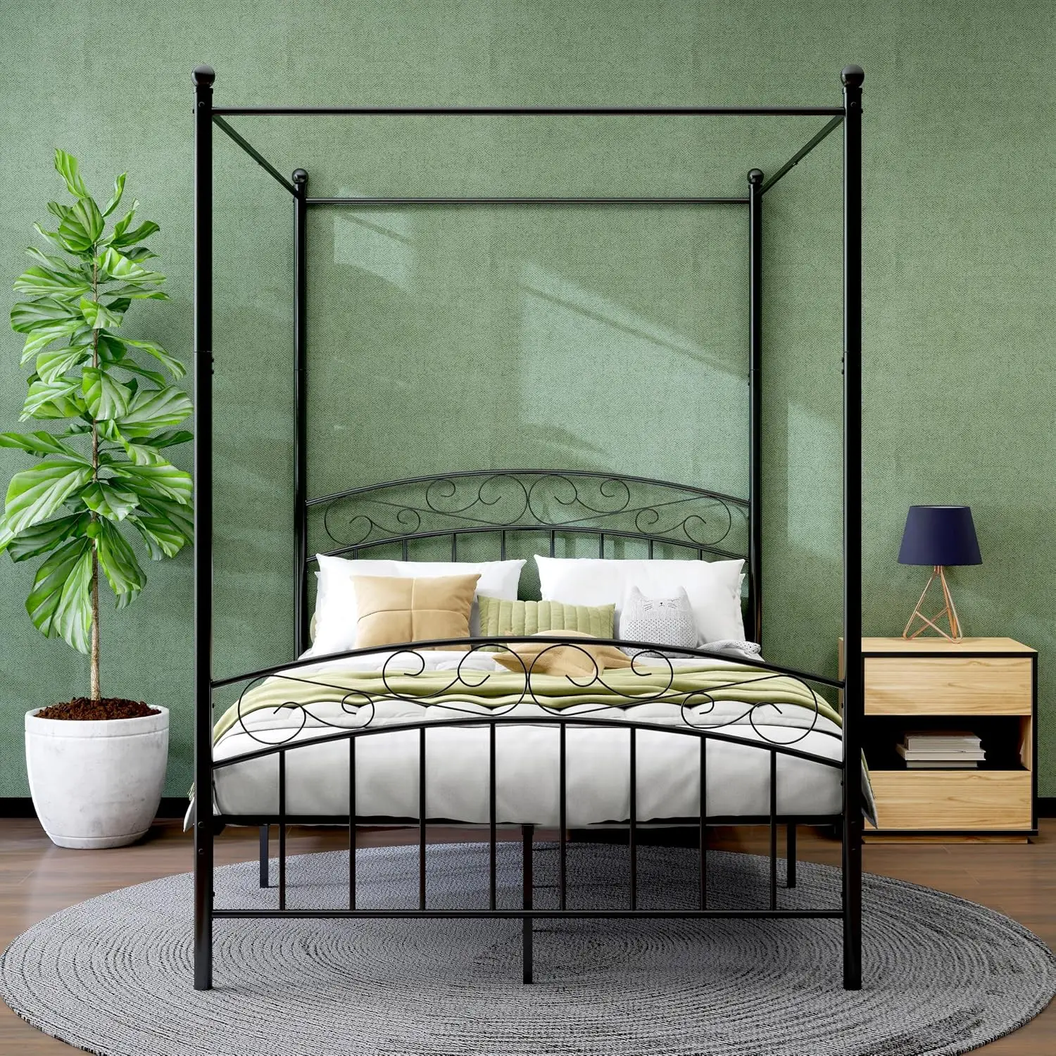 Metal Full Size Canopy Bed Frame Four-Poster Black Sturdy Slats Headboard Footboard No Box Spring Easy Assembly, Customized