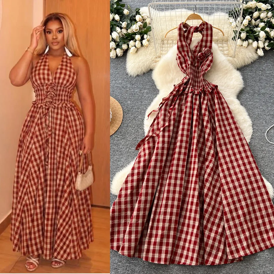 Damen Langes Kleid Kariertes A-Linien-Kleid Y2k Streetwear Neckholder V-Ausschnitt Ärmellos Tailliert Elegant für Party Nacht Arbeit