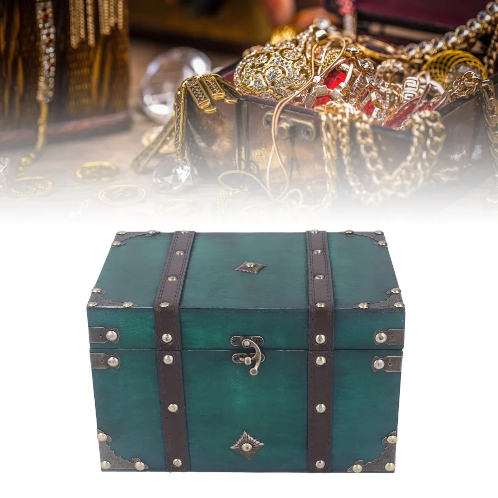 Wood Treasure Chest Storage Box Metal Clasp Hinged Lid Wooden Jewelry Box Large Decorative Storage Box For Office Decor