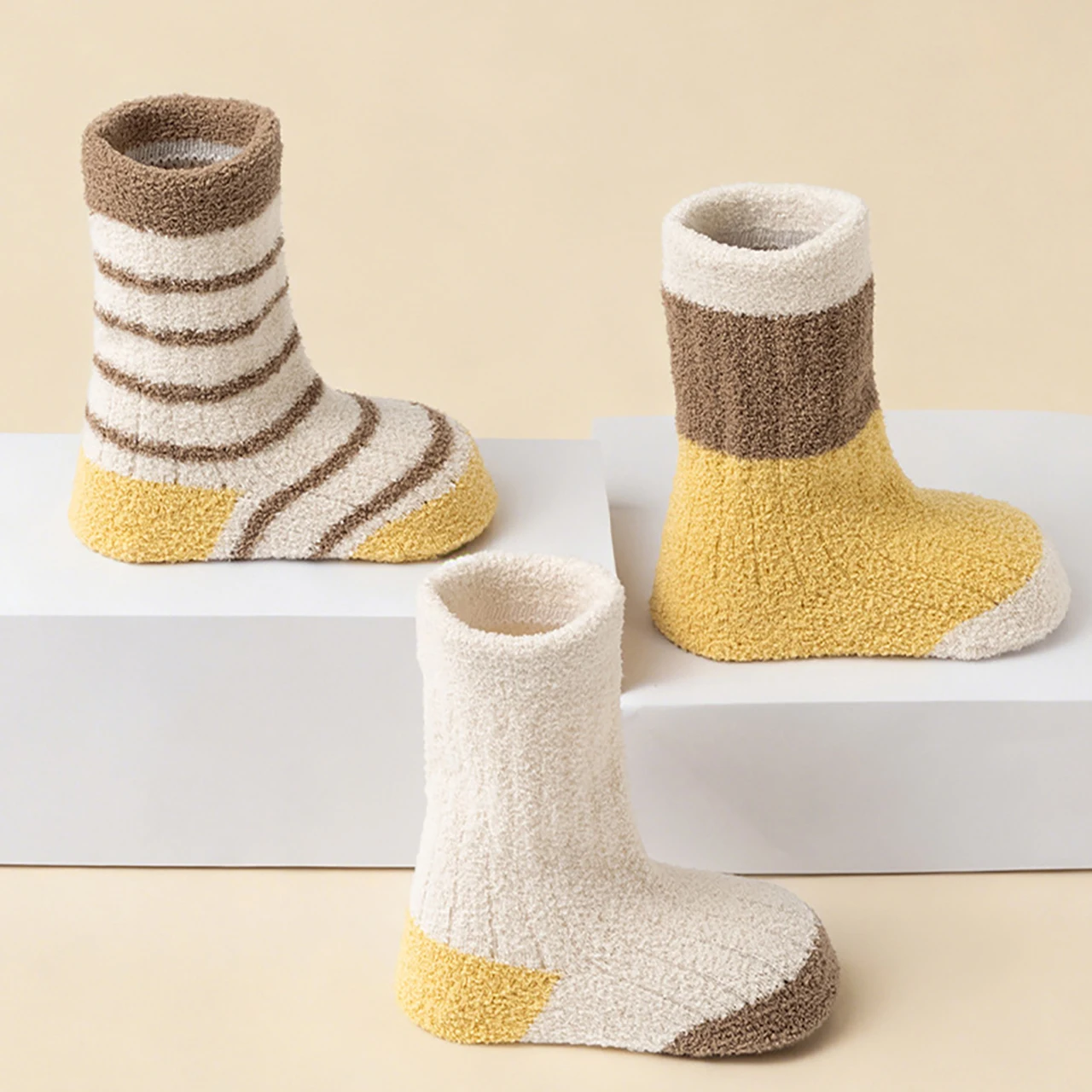 3Pair Color Blocking Striped Baby Plush Sock Winter Thick Cotton Loop Warm Woolen Socks Kids Mid Tube Sock 0-1Y Toddler Footwear