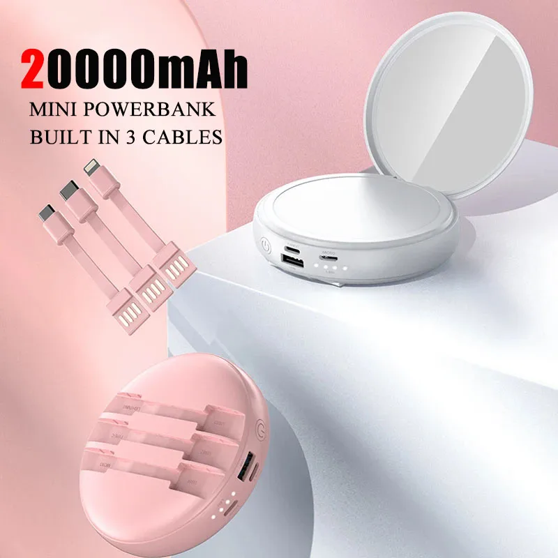 20000mAh Mini Power Bank with Makeup Mirror Portable Charger Powerbank for iPhone Samsung Huawei Xiaomi External Spare Battery