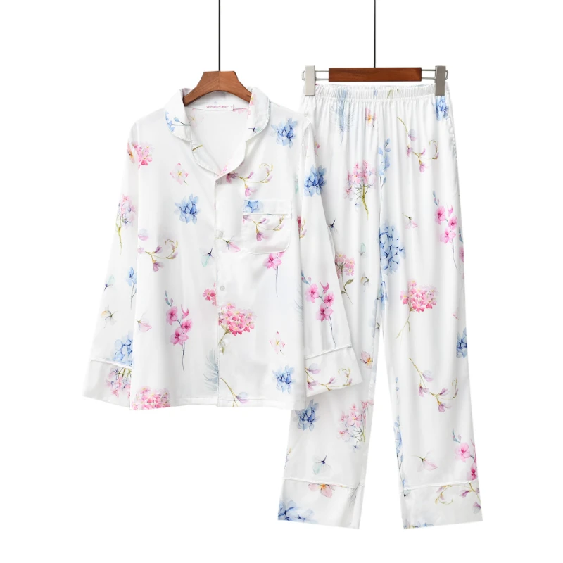 

Spring Autumn Satin Like Pajamas Sets Floral Long Sleeve 2pcs Homewear European Lady's Loungewear Luxe Casual Suit