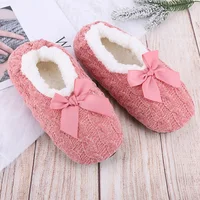 Ballerine pantoufle chaussettes antidérapantes tricot maison pantoufles avec nœud hiver chaud intérieur chaussures de sol confortable doux en peluche pantoufles pour les femmes 3