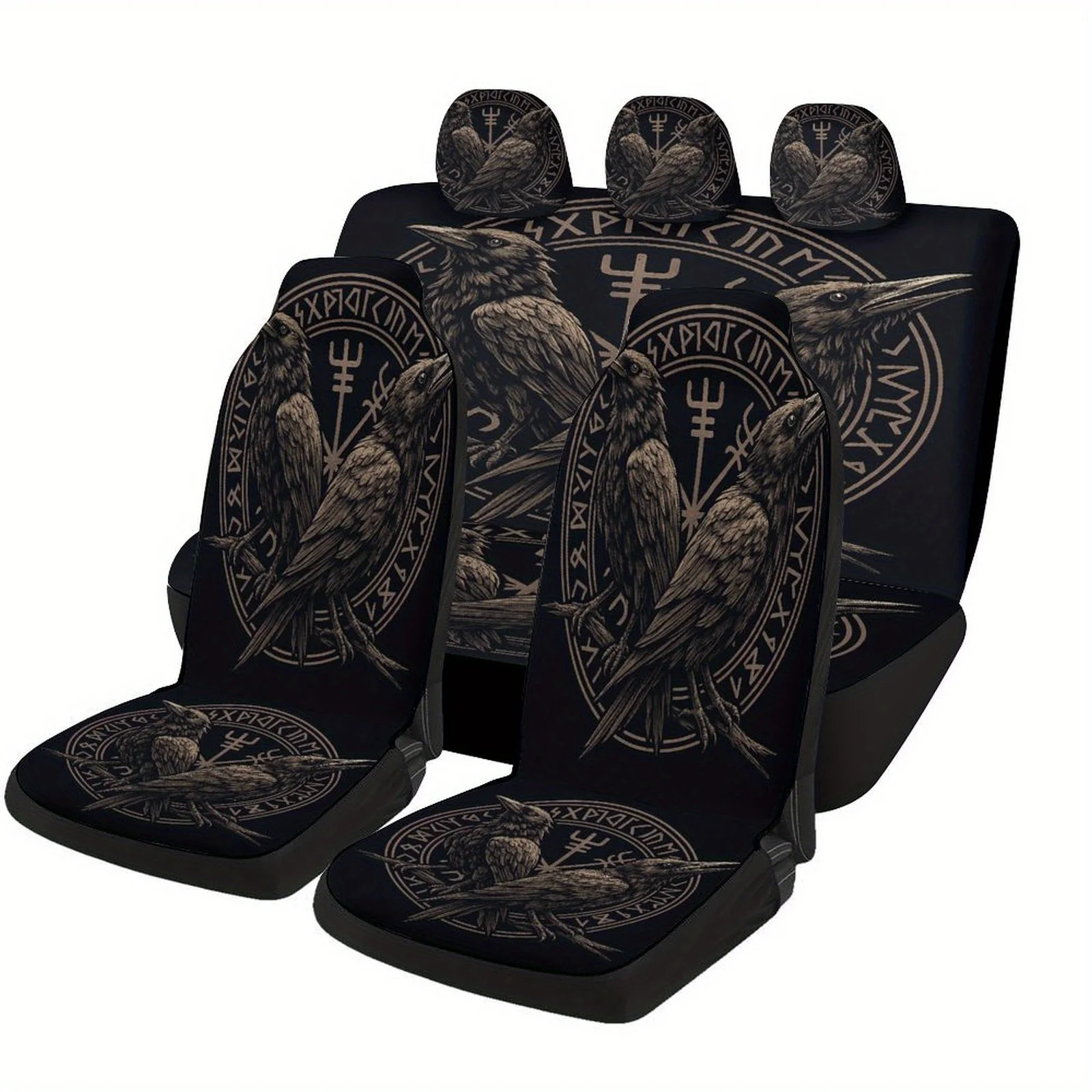 Viking Raven Circle Emblem Designed Car Seat Cover Set For Most Cars, High-quality Comfortable Car Seat Protector Covers Full Se